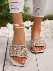 Plus Size Fashion Pearl Decor Flat Mule Sandals, Open Toe, Slip-On, Suitable For Casual, Beach, Holiday Wear - Beige - View 5