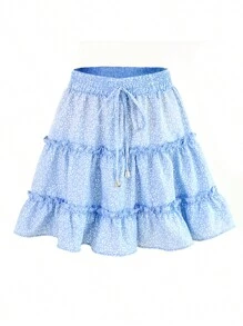 Summer Bohemian Light Blue Floral Print A-Line Tiered Mini Skirt For Women, Elastic Drawstring Waist Ruffle Flowy Casual Skirts For Women - 淺藍色 - 查看 4