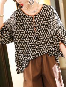 YUXIN Women's Spring - Summer Retro Floral Top, Crew Neck Lantern Sleeve, Daily Outing/Light Social, Breathable Slim - Fitting Fashion Blouse