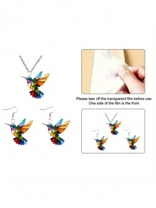 1 set de joyería minimalista con collar y aretes de colgante acrílico con estampado de colibrí esmaltado