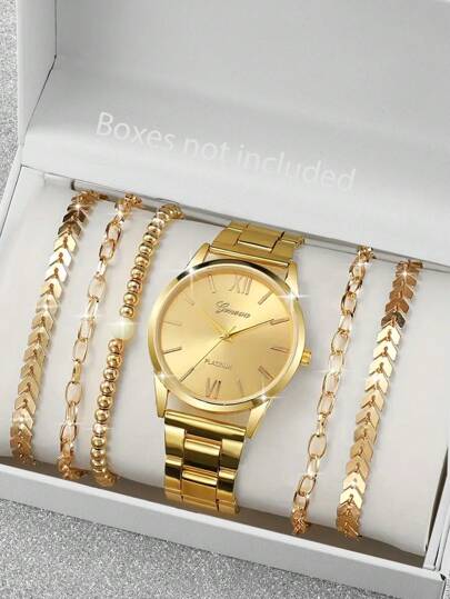 6 件/套女孩时尚奢华商务金钢带手表，合金材质手链套装，日常佩戴配饰，送给女孩的礼物