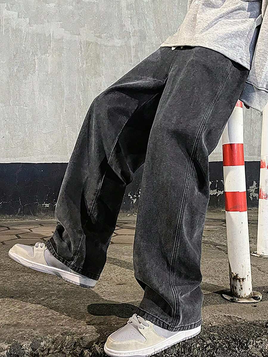 High-End Simple Versatile Straight Leg Washed Denim Jeans, Drawstring Elastic Waist Casual Pants, All Season