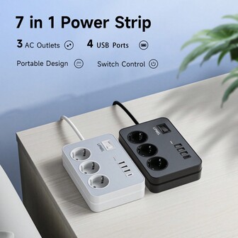 LIPWEL LIPWEL 1Pc 7 In 1 Power Supply Power Outlet Socket, 1M, 1.8M, 3M, 5M, Power Strip With 4 USB Charging Ports, Wall Mounting Power Strip (16A, 3680W) With Switch And Power Indicator Light, Multiple Plug USB Socket For Smartphone Laptop Home, Office Usage, White Black,Multi Functional Power Socket