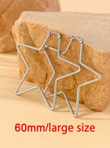 1 对多色、多款式、可选 2 种尺寸不锈钢五角星、心形、圆形简约时尚环状耳环，夸张设计 - 銀色 - 查看 13