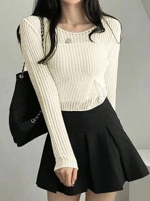 时尚镂空长袖针织毛衣，初秋基本款设计上衣 - 杏色 - 查看 2