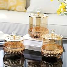 1pc European American Style Living Room Coffee Table Lace Candy Jar, Luxury Crystal Glass Storage Jar With Lid, Home Decor, Dry Flower Holder, Multi-Function Storage Box For Cleaning Swabs, Wet Wipes, Etc.