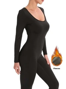 Casual Super Stretch Jumpsuit Fleece Lined Square Neck One Piece Long Sleeves Womenswear Winter Warm Fitted Full Length Comfy Jumpsuit - Black - View 9