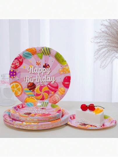 12/24/48 件套，一次性餐具，糖果生日主题一次性纸托盘，7 英寸纸托盘，9 英寸纸托盘，食品托盘，派对托盘，适用于各种节日，如招待会、派对、野餐、露营、烧烤等。一次性食品容器，可用于节日装饰、主题生日派对桌面装饰、厨房食品托盘、蛋糕托盘。
