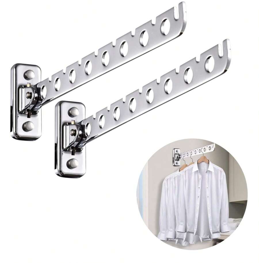 Perchero de pared de acero inoxidable, gancho para abrigos, tendedero giratorio, ahorro de espacio, para dormitorio, baño, lavadero, cromo pulido - Plateado - Ver 1