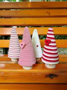 4pcs Pink And White Plush Wedding Season Yarn Tree Set ,Wedding Season Tree With Heart And Pearl Decor,Striped Design,Table Decorations Yarn Wrapped Mini Trees Pink White Wedding Season Table Top Decor - Multicolor - View 4