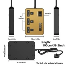 电源 7 合 1 扁平插头电源插座延长线，4 个 USB 充电端口延长插座，壁挂式，一键电源控制，过载保护，13A 3120W 电源插座，黑白金，适用于家庭办公室