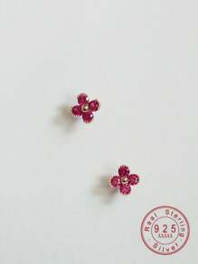 1 Pair S925 Sterling Silver Plated 14K Gold Cute Floral Ruby Stud Earrings For Girl