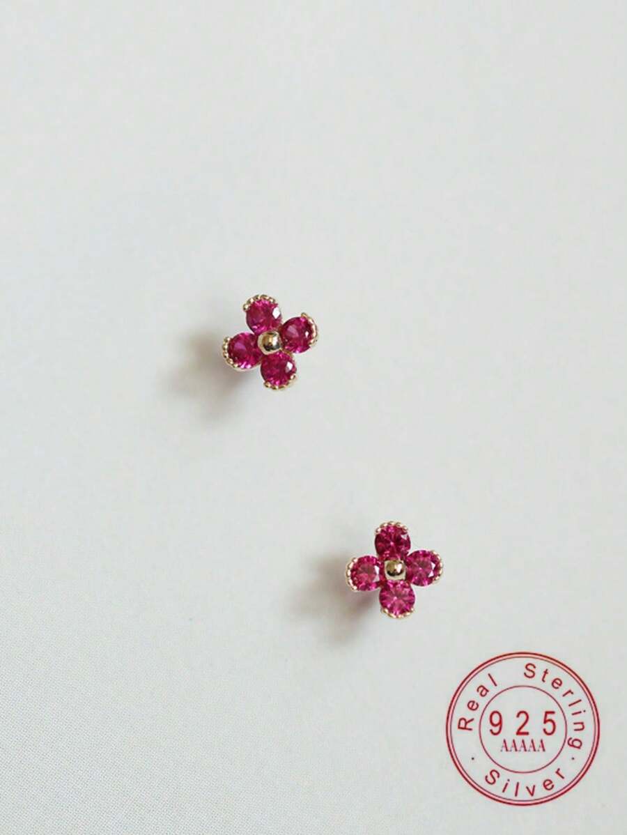 1 Pair S925 Sterling Silver Plated 14K Gold Cute Floral Ruby Stud Earrings For Girl
