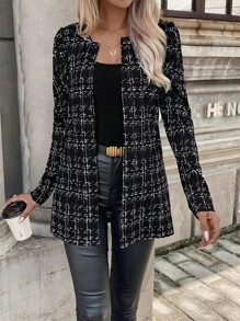 Chaqueta Negra de Malla de Manga Larga y Cuello Redondo, Estilo Casual, Chaqueta a la Moda - Negro - Ver 1