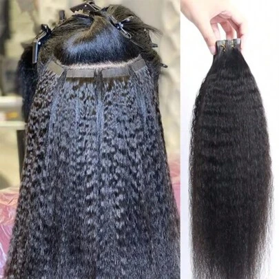 26 英寸胶带接发 人发 卷曲直发 雷米发 20 件 自然色 真人发胶带接发