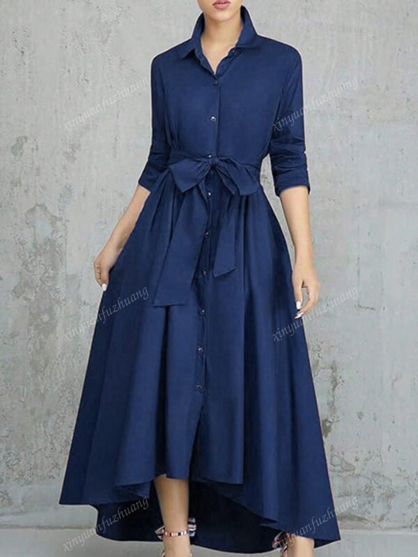 Women's Solid Color Tied Waist A-Line Midi Dress, Autumn/Winter New Arrival