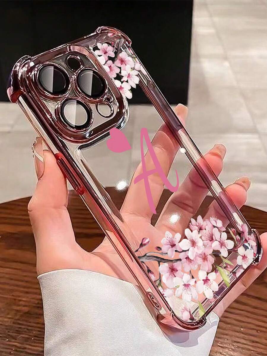 Summer Phone Case 1pc New Pink Sakura Electroplated Corner Air Cushion Shockproof/Thick Transparent TPU Protective Case Compatible With IPhone/16Pro Max/16Pro/16/13ProMax/12ProMax11,15ProMax,14ProMax/Galaxy,SAM/Honor/Note13Pro/S23 Ultra/S24 Ultra,International Version, Not The Domestic Version - Pink - View 1