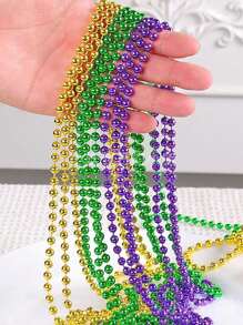 3pcs/Set Mardi Gras Party Bead Necklace, Yellow, Green, Purple Electroplated Plastic Beads, Suitable For Mardi Gras Wear - Multicolor - View 2