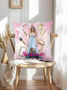 1 pieza Funda de cojín decorativo con eslogan rosa, paleta de sombras de ojos y estampado de rubor, personalizable con nombre y foto, artículo creativo de moda y decoración del hogar para mujer