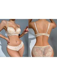 Women's Lace Lingerie Set V Neck Bra With Low Rise Thong Mesh Babydoll Set - Khaki - View 3