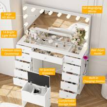 VOWNER 46" Large Vanity Table With Lighted Mirror & Power Outlet, Makeup Vanity Desk With Glass Top, 14-Bulbs Large Mirror, 3-Color Modes & Brightness Adjustable, 11 Drawers For Storage, Come With Soft Stool & Hair Dryer Rack, Vanity Set Gifts For Girls Women, Halloween & Thanksgiving - Gương toàn màu trắng - Xem 3