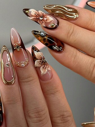 24Pcs Winter Nails 3D Flowers Press On Nails Almond Shape Fake Nails Short False Nails Leopard Print Smudge Nails Art Cross Nails Nail Supplies Nails