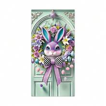 1 件复活节兔子主题门帘背景，兔子和鸡蛋图案设计，涤纶材料，适合复活节派对室内/室外门口装饰