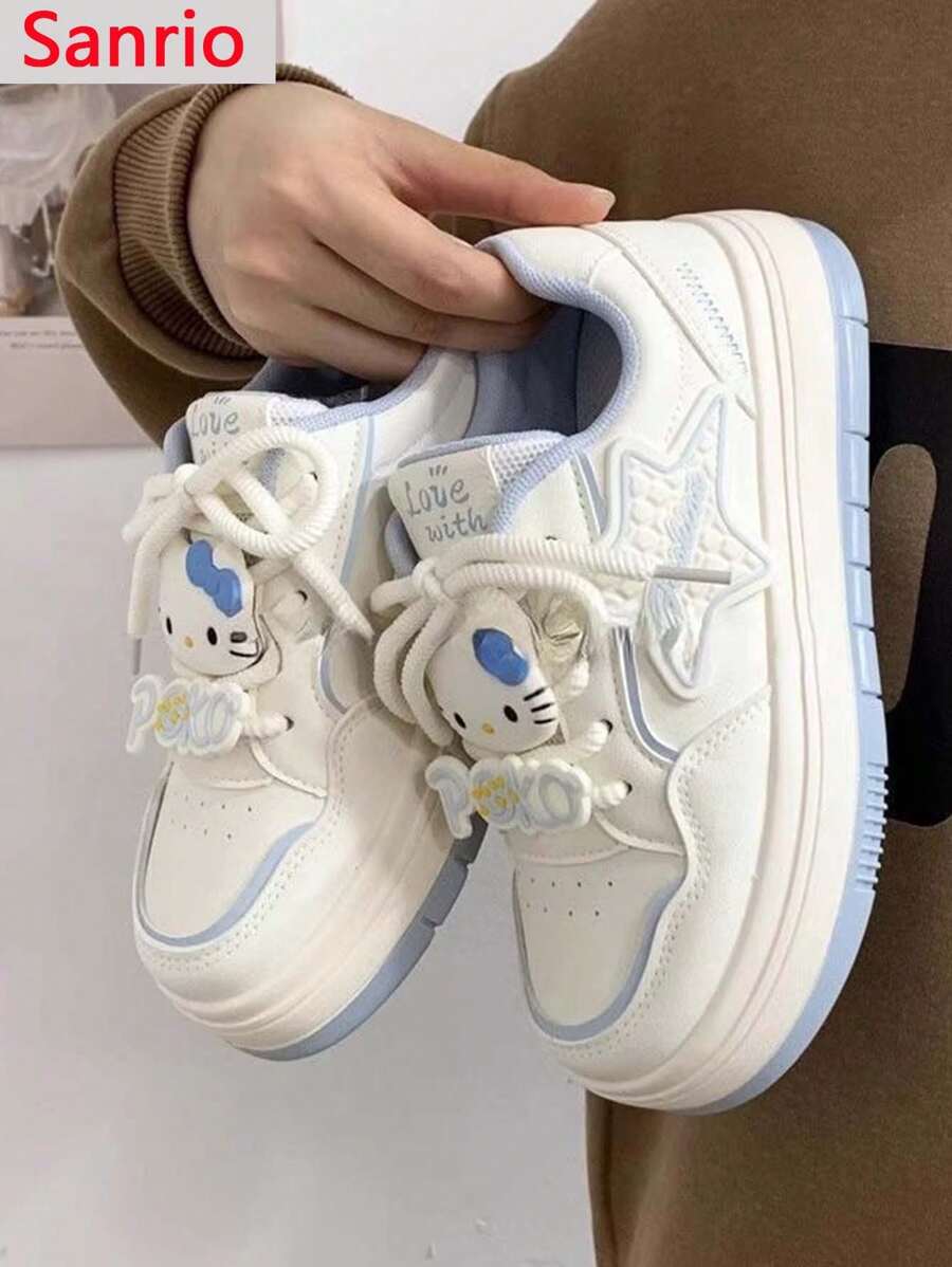 Sanrio 1 Pezzo Scarpe sportive casual in pelle con lacci e superficie in KT Cat di Sanrio, bianche, traspiranti, multifunzionali e per donne
