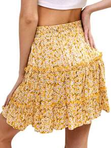 Women's Ruffle Floral Short Skirt High Waist A-Line Tie-Up Pleated Skirts For Summer - 黃色 - 查看 3
