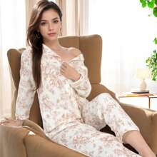 Women's Toile Print Button-Up Long Pajama Set - Pink - View 9