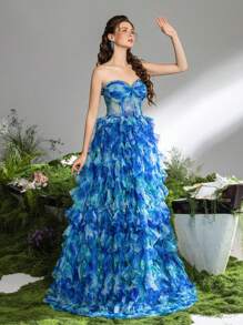 Vestido de fiesta formal y vestido de noche con corsé drapeado de malla lujoso y elegante de Faeriesty - Azul - Ver 7