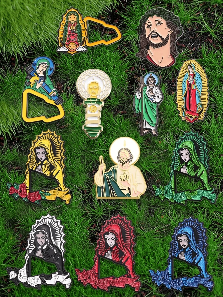 1/12Pcs Magnetic Multi Style Portrait, Icon, Jesus, Virgin Mary Golf Cap Clip Logo Minimalist Metal New Cartoon Pin, Fun Decorative Pin, Golf Cap Badge, Baseball Cap Decoration, Friend Gift - Multicolor - View 1