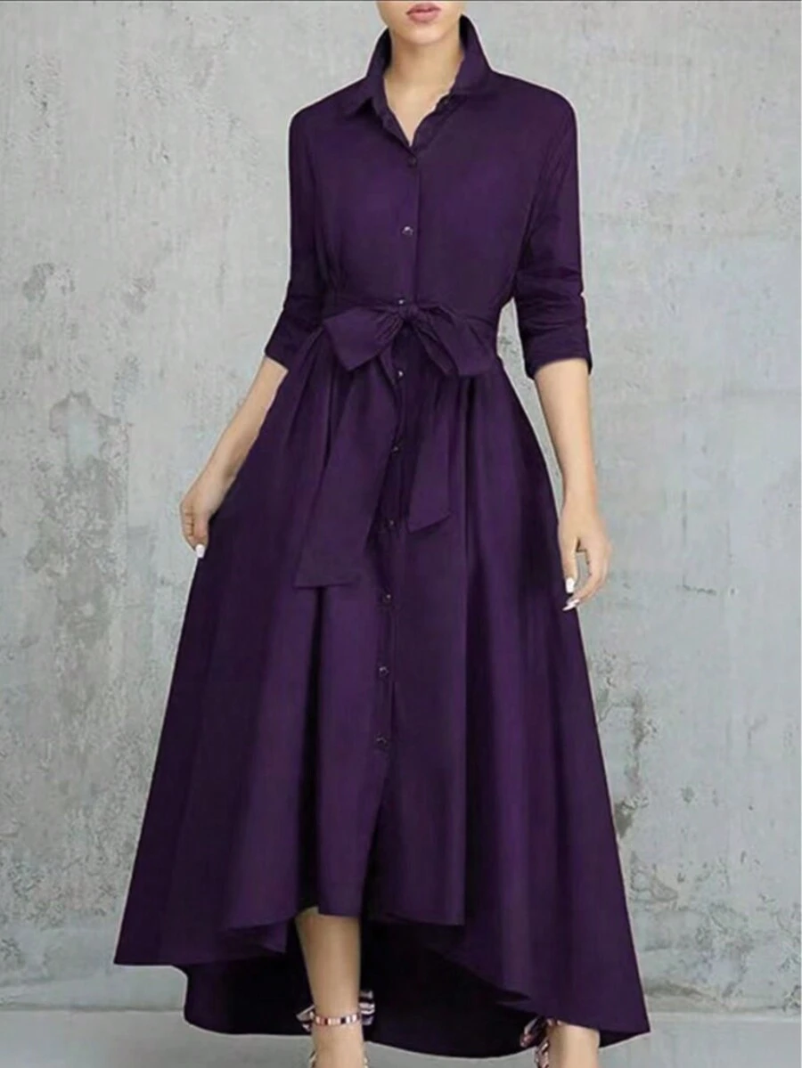 Women's Solid Color Single-Breasted Belted A-Line Dress, New For Autumn/Winter - Purple - View 1