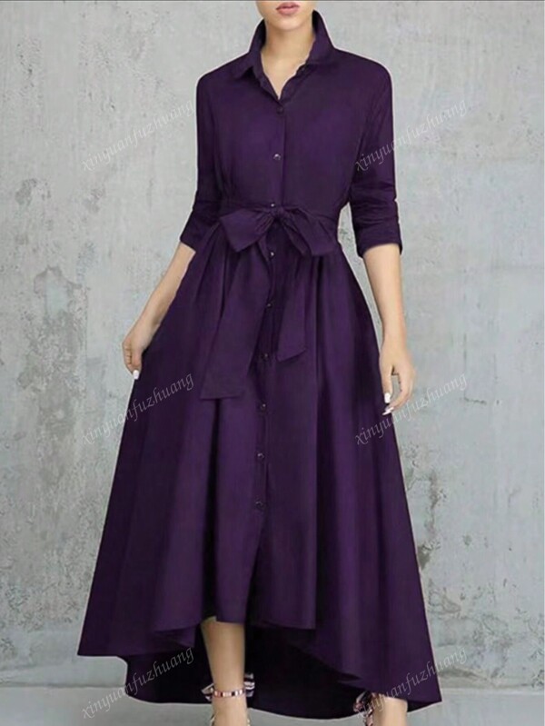 Vestido feminino de cor sólida, com cinto e abotoamento simples, novo para outono/inverno