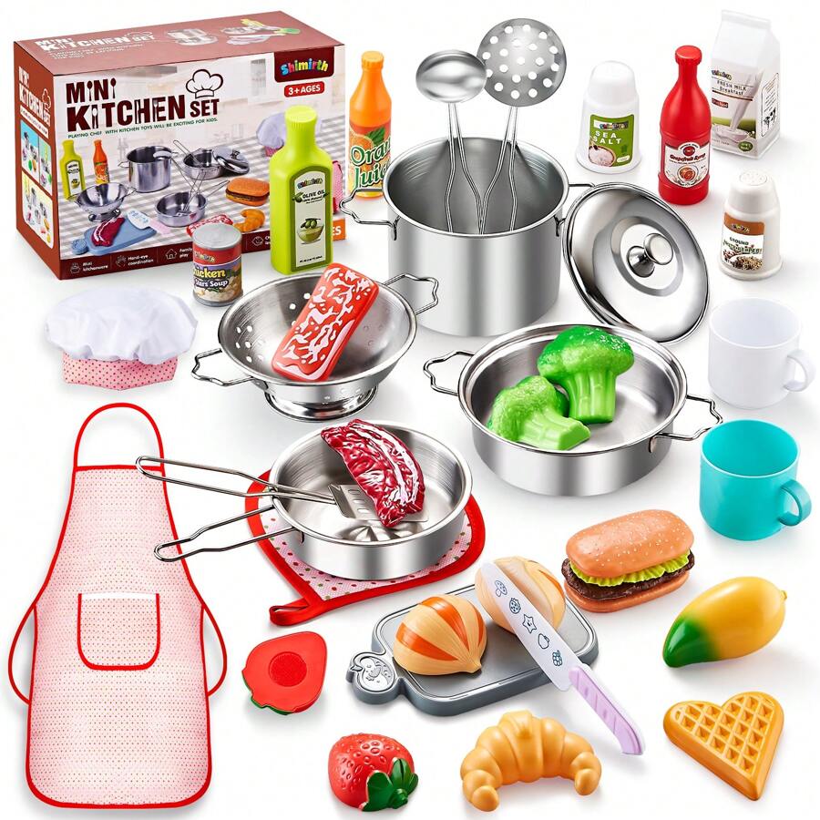 Kids Kitchen Pretend Play Set With Apron & Chef Hat, Stainless Steel Cookware & Cutting Food Toys, Realistic Cooking Playset, Educational Gift For 2+ Toddlers
