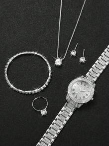 6er Set Modische, Lässig Quarz Armbanduhr für Damen mit römischem Zifferblatt & Stahlarmband + Schmuckset (ohne Uhrenetui)