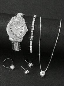 6er Set Modische, Lässig Quarz Armbanduhr für Damen mit römischem Zifferblatt & Stahlarmband + Schmuckset (ohne Uhrenetui)
