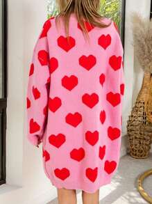 Women's Loose Knit Sweater Long Sleeve Drop Shoulder Open Front Heart Print Cardigan Fall Coat - 粉色 - 查看 5