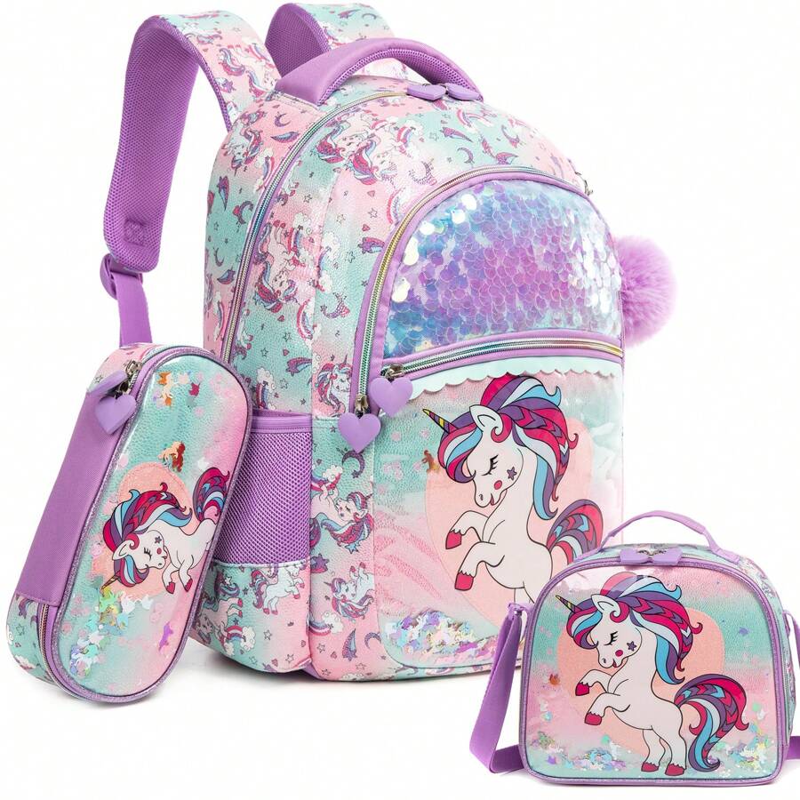 3 件可爱亮片背包，适合女孩，带午餐袋和铅笔盒，适合小学（是或否）