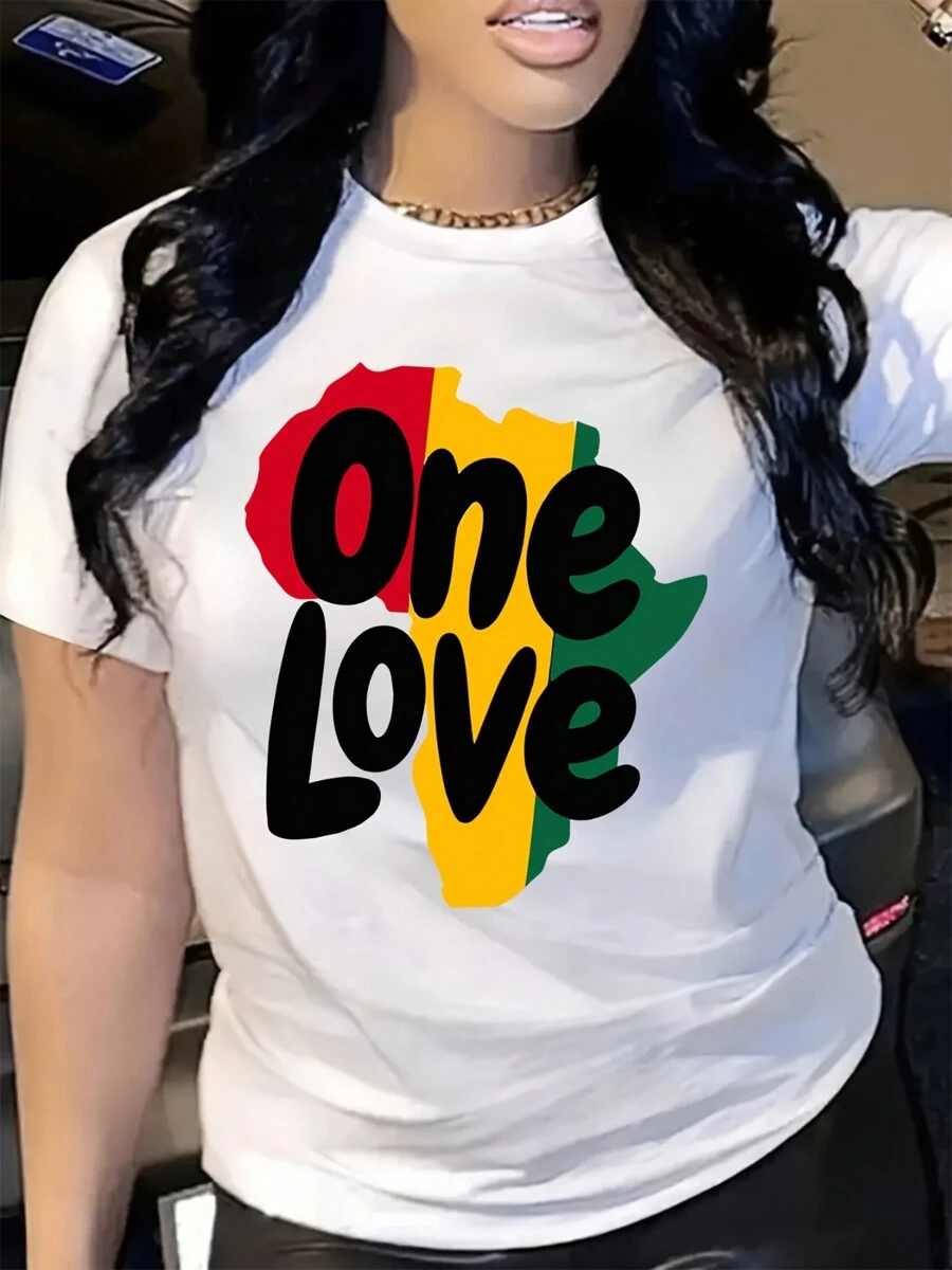 Short Sleeve Map Letter Print Crew Neck T-Shirt, Casual Women's Clothing For Spring & Summer