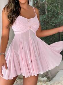 Women's 2 Piece Mesh Babydoll Lingerie Set Spaghetti Strap Bow Lace Lingerie Dress Nightgown With Thongs - Pink - View 1