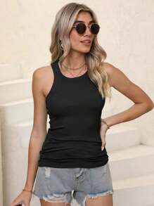 HIGHFINE Women's Ribbed Sleeveless Crewneck Summer Top Casual Base Strap Vest - 黑色 - 查看 3