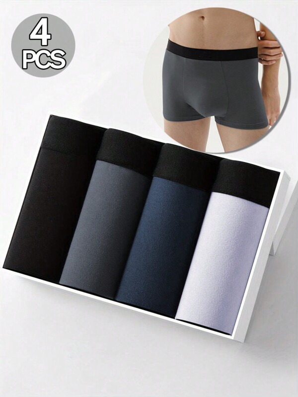 4pcs/Pack Men's Solid Color Breathable High Elasticity Briefs, Comfortable Boxer Briefs, Sports Shorts Underwear, Casual Underwear, Plus Size Shorts Undergarment