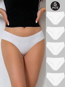 5 pièces de culottes de bikini avec garniture festonnée sexy, sous-vêtements respirable sans couture de couleur unie ne montrant pas, sous-vêtements essentiels pour femmes à porter au quotidien