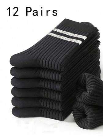 12 pares de calcetines a media pierna a rayas, combinación de colores negro y blanco, talla 10-13, otoño
