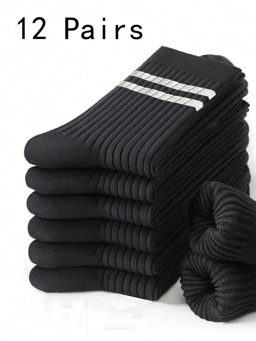 12 Pairs Striped Mid-Calf Socks, Black & White Color Combination, Size 10-13, Fall - Black - View 1