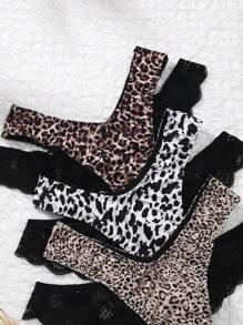 3PCS Leopard Print Sexy Cross Strap Lace Splicing Women's Panties Animal Print Low Waisted Comfortable Women's Thongs