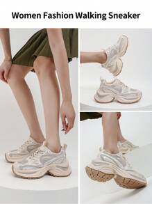 somiliss 1 Pair Women's Casual Sports Shoes, Low-Top Lace-Up Front, Apricot Faux Leather & Mesh Upper, Breathable & Comfortable, Running Shoes, Fashion , 6cm Height Increase, Suitable For Outdoor Walking, Autumn/Winter - Apricot - View 8
