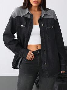 女士黑色牛仔休闲拼布夹克