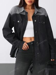 Giacca casual in jeans nero e patchwork da donna